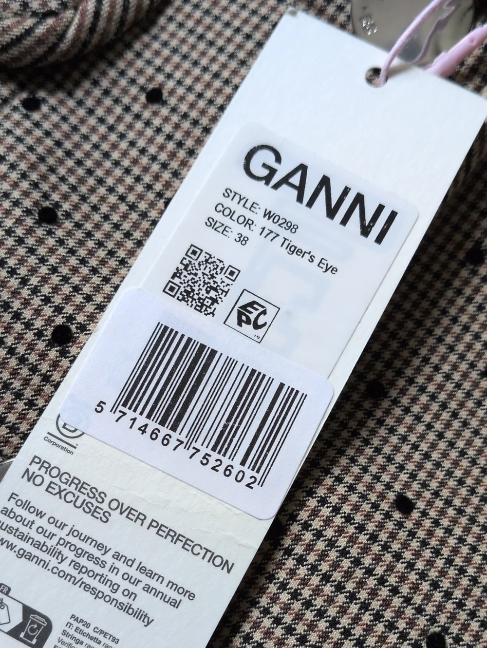 GANNI I NWT Brown & Black Lenzing Tiger's Eye Check Polka Dot Pattern Blazer, 38